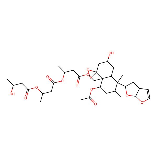 2D Structure of [4-[4-[[8-(3a,4,5,6a-tetrahydrofuro[2,3-b]furan-5-yl)-5-acetyloxy-2-hydroxy-7,8-dimethylspiro[2,3,5,6,7,8a-hexahydro-1H-naphthalene-4,2'-oxirane]-4a-yl]methoxy]-4-oxobutan-2-yl]oxy-4-oxobutan-2-yl] 3-hydroxybutanoate