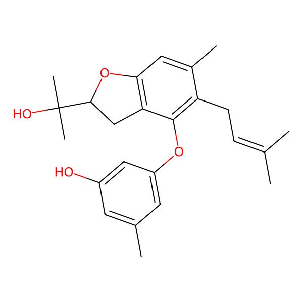 2D Structure of 3-[[2-(2-Hydroxypropan-2-yl)-6-methyl-5-(3-methylbut-2-enyl)-2,3-dihydro-1-benzofuran-4-yl]oxy]-5-methylphenol