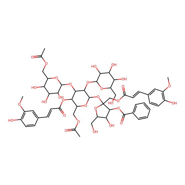 2D Structure of [2-[6-(Acetyloxymethyl)-4-[6-(acetyloxymethyl)-3,4,5-trihydroxyoxan-2-yl]oxy-5-[3-(4-hydroxy-3-methoxyphenyl)prop-2-enoyloxy]-3-[3,4,5-trihydroxy-6-(hydroxymethyl)oxan-2-yl]oxyoxan-2-yl]oxy-4-hydroxy-2-[3-(4-hydroxy-3-methoxyphenyl)prop-2-enoyloxymethyl]-5-(hydroxymethyl)oxolan-3-yl] benzoate