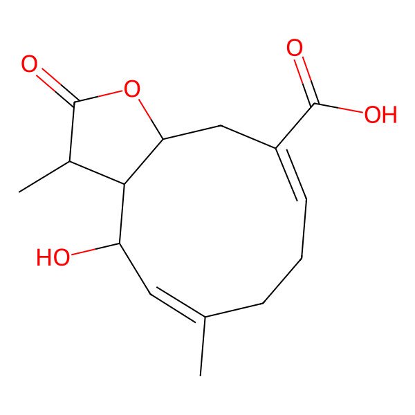 2D Structure of (3R,3aR,4S,5E,9Z,11aR)-4-hydroxy-3,6-dimethyl-2-oxo-3a,4,7,8,11,11a-hexahydro-3H-cyclodeca[b]furan-10-carboxylic acid