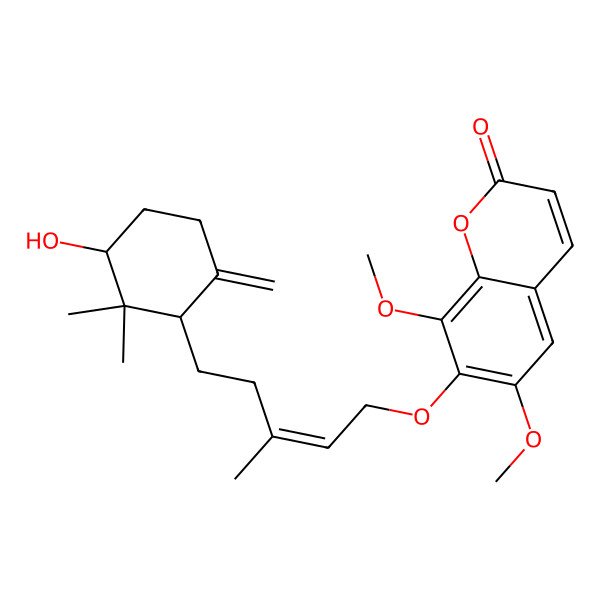 2D Structure of 7-[(E)-5-[(1S,3R)-3-hydroxy-2,2-dimethyl-6-methylidenecyclohexyl]-3-methylpent-2-enoxy]-6,8-dimethoxychromen-2-one