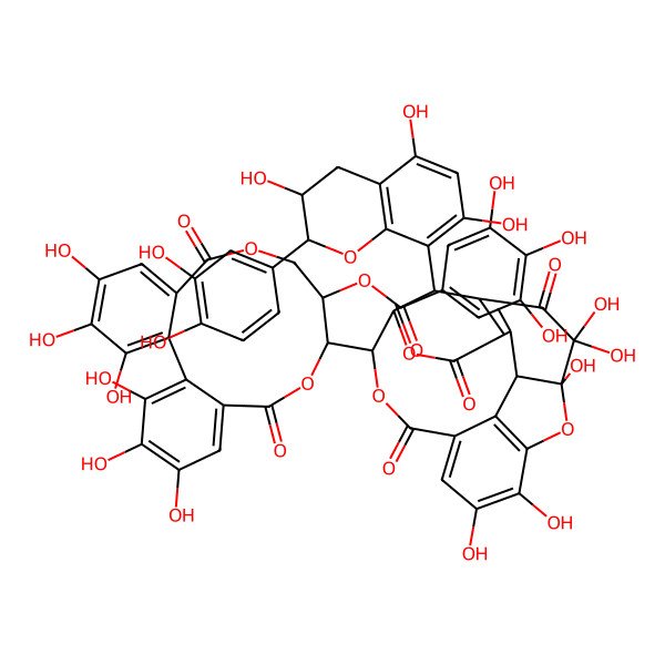 2D Structure of [(10R,11S)-10-[(4S,5S,14R,15R,19R)-19-[(2R,3S)-2-(3,4-dihydroxyphenyl)-3,5,7-trihydroxy-3,4-dihydro-2H-chromen-8-yl]-3,3,4,8,9-pentahydroxy-2,12,17-trioxo-13,16,20-trioxapentacyclo[13.3.1.14,7.05,18.06,11]icosa-1(18),6,8,10-tetraen-14-yl]-3,4,5,17,18,19-hexahydroxy-8,14-dioxo-9,13-dioxatricyclo[13.4.0.02,7]nonadeca-1(19),2,4,6,15,17-hexaen-11-yl] 3,4,5-trihydroxybenzoate