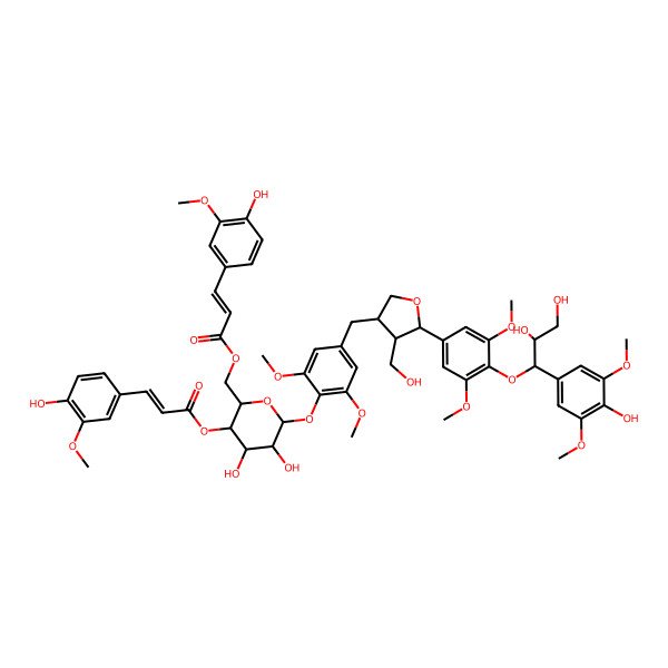 2D Structure of [(2R,3S,4R,5R,6S)-6-[4-[[(3R,4R,5S)-5-[4-[(1S,2R)-2,3-dihydroxy-1-(4-hydroxy-3,5-dimethoxyphenyl)propoxy]-3,5-dimethoxyphenyl]-4-(hydroxymethyl)oxolan-3-yl]methyl]-2,6-dimethoxyphenoxy]-4,5-dihydroxy-3-[(E)-3-(4-hydroxy-3-methoxyphenyl)prop-2-enoyl]oxyoxan-2-yl]methyl (E)-3-(4-hydroxy-3-methoxyphenyl)prop-2-enoate