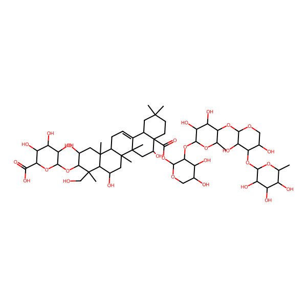 2D Structure of (2S,3S,4S,5R,6R)-6-[[(2S,3R,4R,4aR,5R,6aR,6bS,8R,8aR,12aS,14aR,14bR)-8a-[(2S,3R,4R,5R)-3-[(2S,3R,4R,5R,6S)-5-[(2S,3R,4S,5R)-3,5-dihydroxy-4-[(2S,3R,4R,5R,6S)-3,4,5-trihydroxy-6-methyloxan-2-yl]oxyoxan-2-yl]oxy-3,4-dihydroxy-6-methyloxan-2-yl]oxy-4,5-dihydroxyoxan-2-yl]oxycarbonyl-2,5,8-trihydroxy-4-(hydroxymethyl)-4,6a,6b,11,11,14b-hexamethyl-1,2,3,4a,5,6,7,8,9,10,12,12a,14,14a-tetradecahydropicen-3-yl]oxy]-3,4,5-trihydroxyoxane-2-carboxylic acid