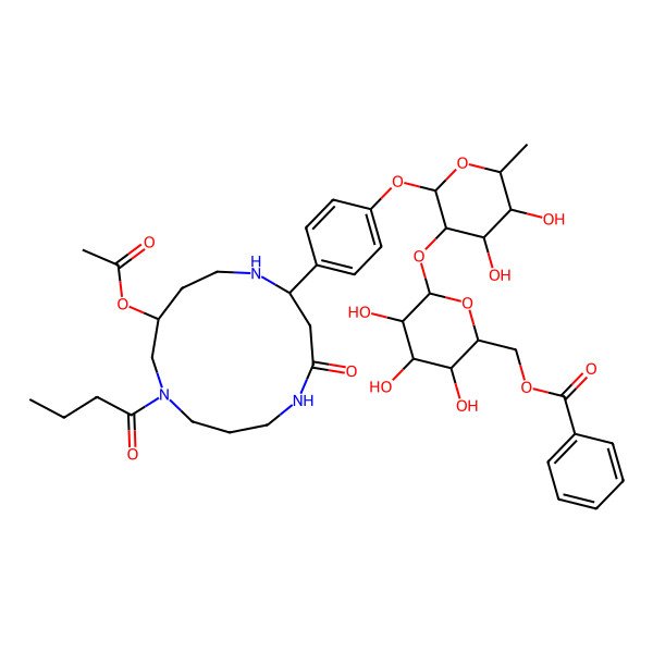 2D Structure of [(2R,3S,4S,5R,6S)-6-[(2S,3R,4R,5R,6S)-2-[4-[(2S,11R)-11-acetyloxy-9-butanoyl-4-oxo-1,5,9-triazacyclotridec-2-yl]phenoxy]-4,5-dihydroxy-6-methyloxan-3-yl]oxy-3,4,5-trihydroxyoxan-2-yl]methyl benzoate