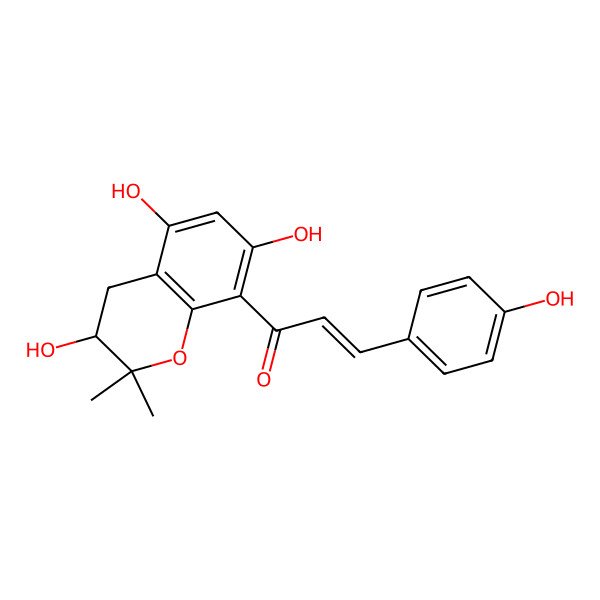 2D Structure of (E)-3-(4-hydroxyphenyl)-1-[(3S)-3,5,7-trihydroxy-2,2-dimethyl-3,4-dihydrochromen-8-yl]prop-2-en-1-one