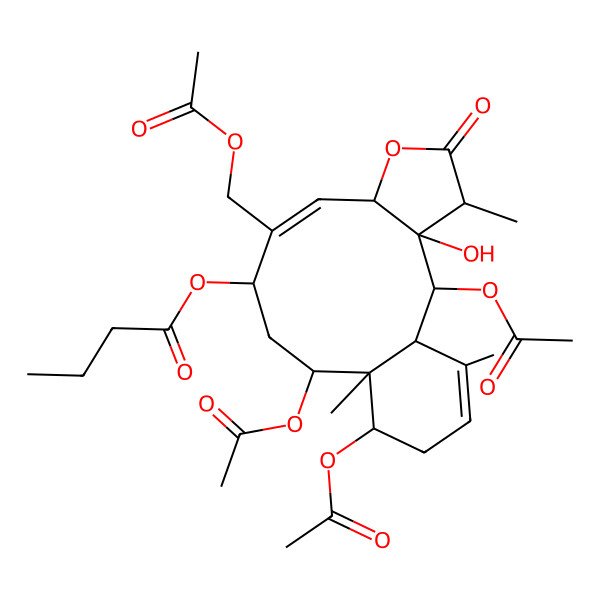 2D Structure of [(1S,2R,3S,4R,7S,8Z,10R,12R,13R,14S)-2,12,14-triacetyloxy-9-(acetyloxymethyl)-3-hydroxy-4,13,17-trimethyl-5-oxo-6-oxatricyclo[11.4.0.03,7]heptadeca-8,16-dien-10-yl] butanoate