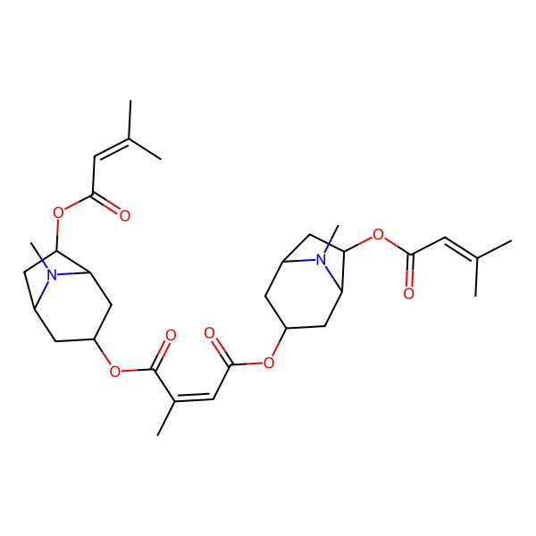 2D Structure of 1-O-[(1R,3S,5S,6R)-8-methyl-6-(3-methylbut-2-enoyloxy)-8-azabicyclo[3.2.1]octan-3-yl] 4-O-[(1S,3R,5R,6S)-8-methyl-6-(3-methylbut-2-enoyloxy)-8-azabicyclo[3.2.1]octan-3-yl] (Z)-2-methylbut-2-enedioate