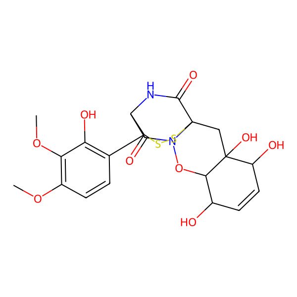 2D Structure of 3,4,7-Trihydroxy-13-(2-hydroxy-3,4-dimethoxyphenyl)-9-oxa-14,15-dithia-10,17-diazatetracyclo[10.3.2.01,10.03,8]heptadec-5-ene-11,16-dione