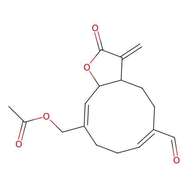 2D Structure of [(3aS,11aR)-6-formyl-3-methylidene-2-oxo-3a,4,5,8,9,11a-hexahydrocyclodeca[b]furan-10-yl]methyl acetate