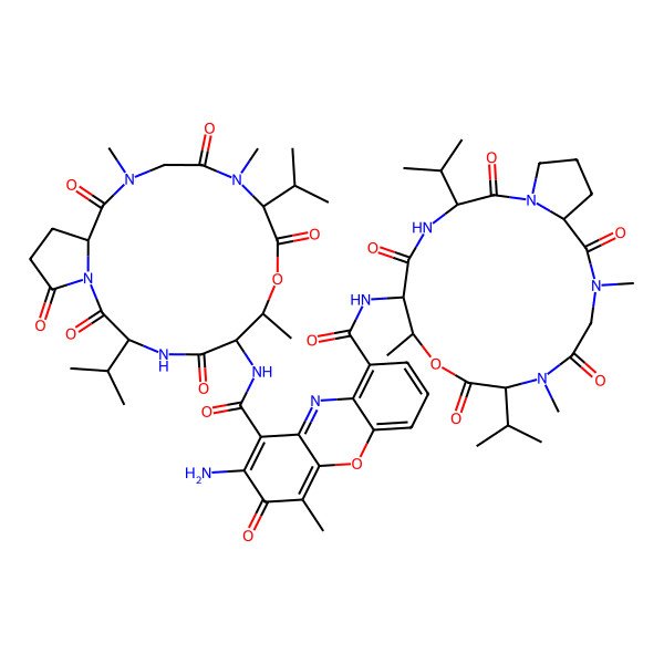 2D Structure of 2-amino-4-methyl-3-oxo-1-N-[7,11,14-trimethyl-2,5,9,12,15,19-hexaoxo-3,10-di(propan-2-yl)-8-oxa-1,4,11,14-tetrazabicyclo[14.3.0]nonadecan-6-yl]-9-N-[7,11,14-trimethyl-2,5,9,12,15-pentaoxo-3,10-di(propan-2-yl)-8-oxa-1,4,11,14-tetrazabicyclo[14.3.0]nonadecan-6-yl]phenoxazine-1,9-dicarboxamide