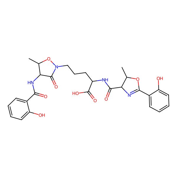 2D Structure of 5-[4-[(2-Hydroxybenzoyl)amino]-5-methyl-3-oxo-1,2-oxazolidin-2-yl]-2-[[2-(2-hydroxyphenyl)-5-methyl-4,5-dihydro-1,3-oxazole-4-carbonyl]amino]pentanoic acid