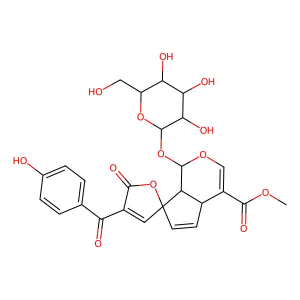 2D Structure of methyl 4'-(4-hydroxybenzoyl)-5'-oxo-1-[3,4,5-trihydroxy-6-(hydroxymethyl)oxan-2-yl]oxyspiro[4a,7a-dihydro-1H-cyclopenta[c]pyran-7,2'-furan]-4-carboxylate