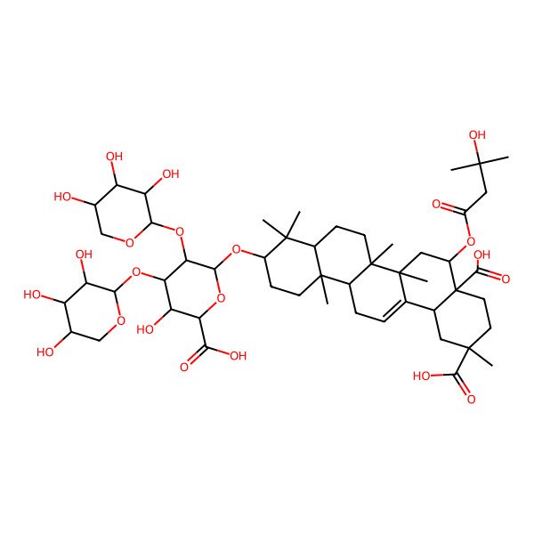 2D Structure of 10-[6-Carboxy-5-hydroxy-3,4-bis[(3,4,5-trihydroxyoxan-2-yl)oxy]oxan-2-yl]oxy-5-(3-hydroxy-3-methylbutanoyl)oxy-2,6a,6b,9,9,12a-hexamethyl-1,3,4,5,6,6a,7,8,8a,10,11,12,13,14b-tetradecahydropicene-2,4a-dicarboxylic acid