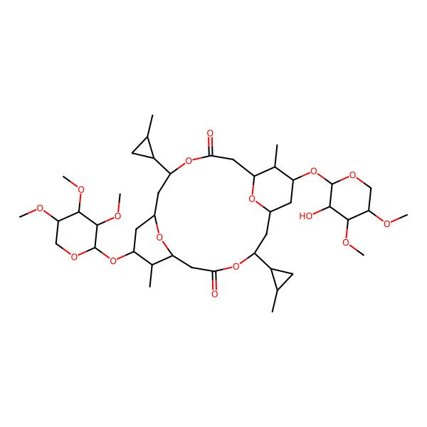 2D Structure of (1S,5S,7S,9S,10S,11S,15S,17S,19S,20S)-9-(3-hydroxy-4,5-dimethoxyoxan-2-yl)oxy-10,20-dimethyl-5,15-bis[(1S,2S)-2-methylcyclopropyl]-19-(3,4,5-trimethoxyoxan-2-yl)oxy-4,14,21,22-tetraoxatricyclo[15.3.1.17,11]docosane-3,13-dione