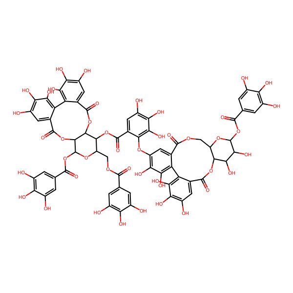 2D Structure of [3,4,5,20,21,22-Hexahydroxy-8,17-dioxo-11-(3,4,5-trihydroxybenzoyl)oxy-13-[(3,4,5-trihydroxybenzoyl)oxymethyl]-9,12,16-trioxatetracyclo[16.4.0.02,7.010,15]docosa-1(22),2,4,6,18,20-hexaen-14-yl] 2-[[3,4,5,11,12,22,23-heptahydroxy-8,18-dioxo-13-(3,4,5-trihydroxybenzoyl)oxy-9,14,17-trioxatetracyclo[17.4.0.02,7.010,15]tricosa-1(23),2,4,6,19,21-hexaen-21-yl]oxy]-3,4,5-trihydroxybenzoate