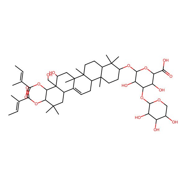 2D Structure of (2S,3S,4S,5R,6R)-6-[[(3S,4aR,6aR,6bS,8R,8aR,9R,10R,12aS,14aR,14bR)-8-hydroxy-8a-(hydroxymethyl)-4,4,6a,6b,11,11,14b-heptamethyl-10-(2-methylbut-2-enoyloxy)-9-[(Z)-2-methylbut-2-enoyl]oxy-1,2,3,4a,5,6,7,8,9,10,12,12a,14,14a-tetradecahydropicen-3-yl]oxy]-3,5-dihydroxy-4-[(2S,3R,4S,5S)-3,4,5-trihydroxyoxan-2-yl]oxyoxane-2-carboxylic acid