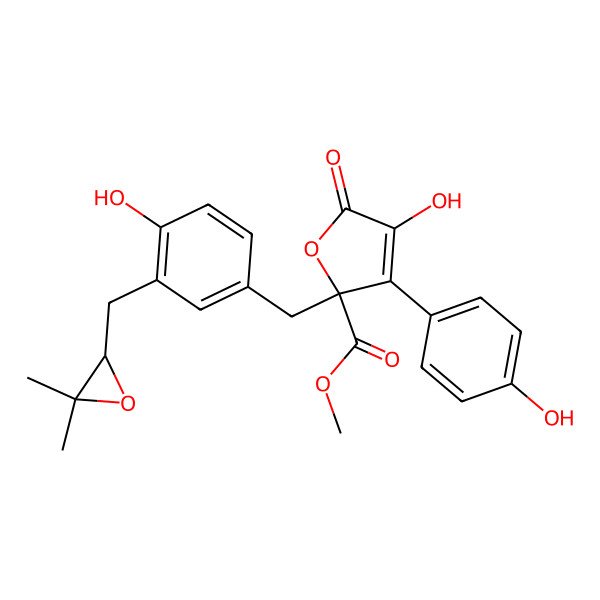 2D Structure of methyl (2R)-2-[[3-[[(2R)-3,3-dimethyloxiran-2-yl]methyl]-4-hydroxyphenyl]methyl]-4-hydroxy-3-(4-hydroxyphenyl)-5-oxofuran-2-carboxylate
