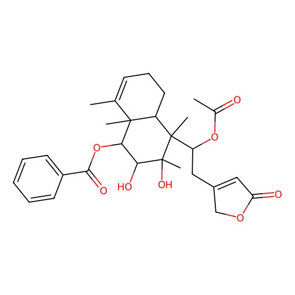 2D Structure of [(1R,2S,3R,4S,4aS,8aR)-4-[(1S)-1-acetyloxy-2-(5-oxo-2H-furan-3-yl)ethyl]-2,3-dihydroxy-3,4,8,8a-tetramethyl-2,4a,5,6-tetrahydro-1H-naphthalen-1-yl] benzoate