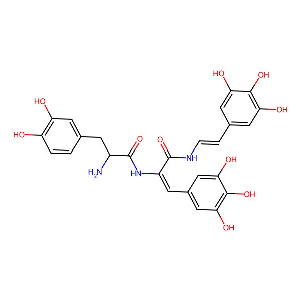 2D Structure of (2S)-2-amino-3-(3,4-dihydroxyphenyl)-N-[(Z)-3-oxo-1-(3,4,5-trihydroxyphenyl)-3-[[(E)-2-(3,4,5-trihydroxyphenyl)ethenyl]amino]prop-1-en-2-yl]propanamide