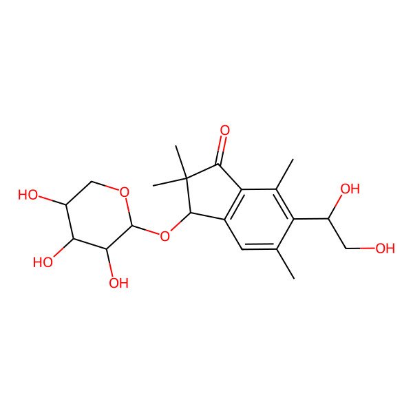 2D Structure of (3R)-6-[(1R)-1,2-dihydroxyethyl]-2,2,5,7-tetramethyl-3-[(2S,3R,4S,5S)-3,4,5-trihydroxyoxan-2-yl]oxy-3H-inden-1-one