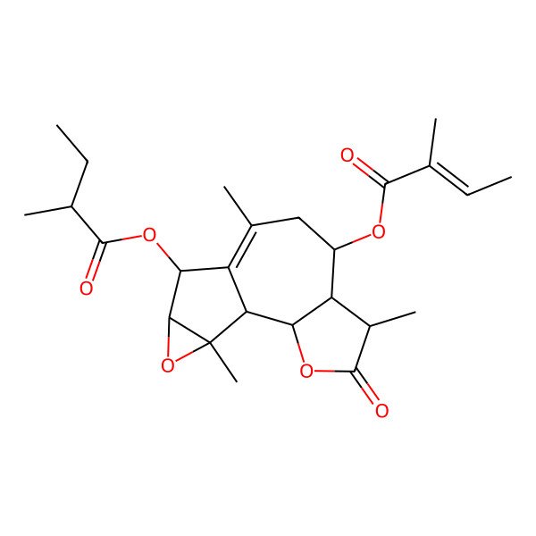 2D Structure of [5,9,14-trimethyl-7-[(E)-2-methylbut-2-enoyl]oxy-4-oxo-3,13-dioxatetracyclo[8.4.0.02,6.012,14]tetradec-9-en-11-yl] 2-methylbutanoate