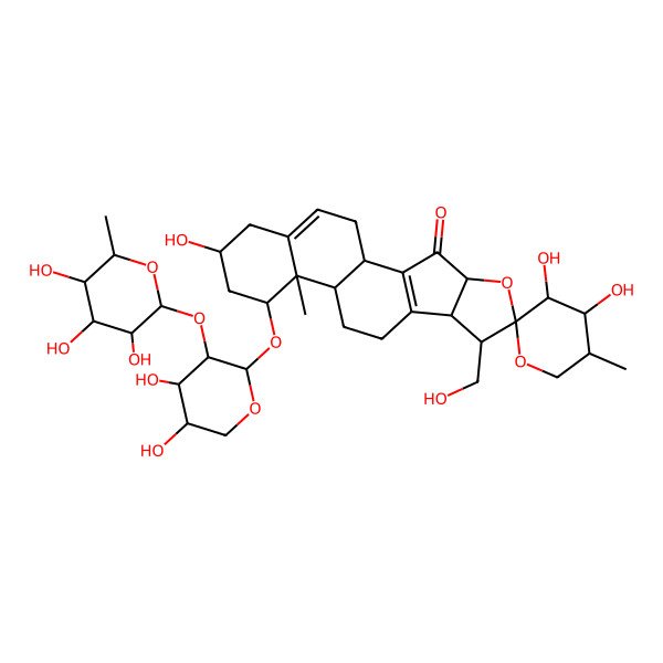 2D Structure of 14-[4,5-Dihydroxy-3-(3,4,5-trihydroxy-6-methyloxan-2-yl)oxyoxan-2-yl]oxy-3',4',16-trihydroxy-7-(hydroxymethyl)-5',13-dimethylspiro[5-oxapentacyclo[10.8.0.02,9.04,8.013,18]icosa-2(9),18-diene-6,2'-oxane]-3-one