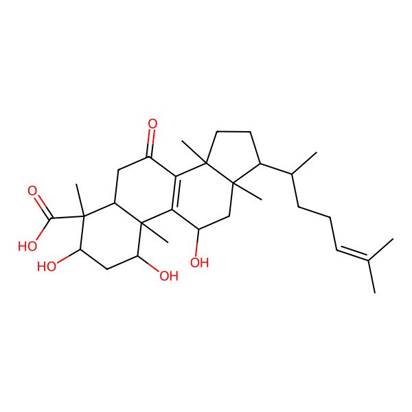 2D Structure of (1R,3S,4R,5R,10S,11R,13R,14R,17R)-1,3,11-trihydroxy-4,10,13,14-tetramethyl-17-[(2R)-6-methylhept-5-en-2-yl]-7-oxo-1,2,3,5,6,11,12,15,16,17-decahydrocyclopenta[a]phenanthrene-4-carboxylic acid