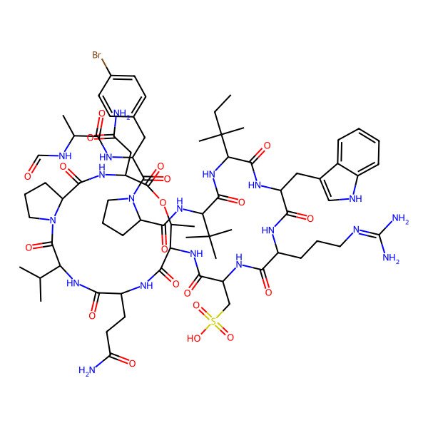 2D Structure of (2R)-3-[[(3S,6R,9R,10S,13S,16S)-13-(2-amino-2-oxoethyl)-6-(3-amino-3-oxopropyl)-10-methyl-2,5,8,12,15-pentaoxo-3-propan-2-yl-11-oxa-1,4,7,14-tetrazabicyclo[14.3.0]nonadecan-9-yl]amino]-2-[[(2R)-2-[[(2R)-2-[[(2R)-2-[[2-[[(2S)-1-[3-(4-bromophenyl)-2-[[(2S)-2-formamidopropanoyl]amino]propanoyl]pyrrolidine-2-carbonyl]amino]-3,3-dimethylbutanoyl]amino]-3,3-dimethylpentanoyl]amino]-3-(1H-indol-3-yl)propanoyl]amino]-5-(diaminomethylideneamino)pentanoyl]amino]-3-oxopropane-1-sulfonic acid