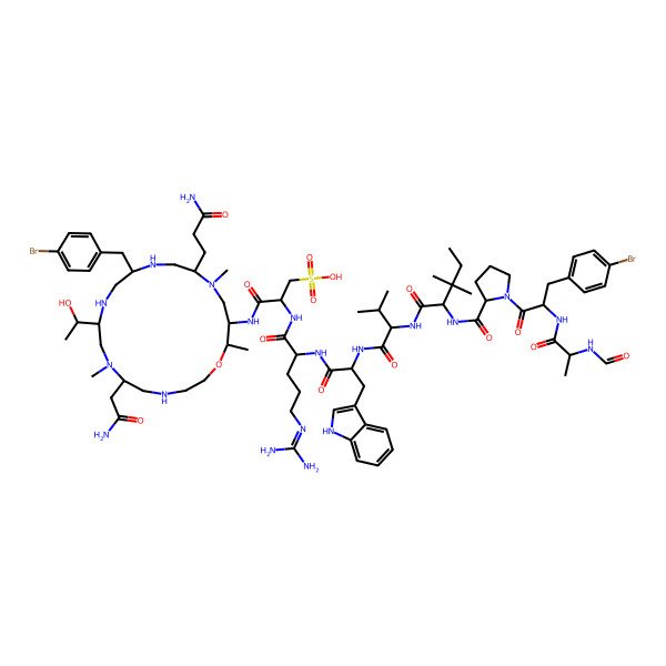 2D Structure of (2R)-3-[[6-(2-amino-2-oxoethyl)-15-(3-amino-3-oxopropyl)-12-[(4-bromophenyl)methyl]-9-(1-hydroxyethyl)-7,16,19-trimethyl-1-oxa-4,7,10,13,16-pentazacyclononadec-18-yl]amino]-2-[[(2S)-2-[[(2S)-2-[[(2S)-2-[[(2S)-2-[[(2S)-1-[(2S)-3-(4-bromophenyl)-2-[[(2S)-2-formamidopropanoyl]amino]propanoyl]pyrrolidine-2-carbonyl]amino]-3,3-dimethylpentanoyl]amino]-3-methylbutanoyl]amino]-3-(1H-indol-3-yl)propanoyl]amino]-5-(diaminomethylideneamino)pentanoyl]amino]-3-oxopropane-1-sulfonic acid