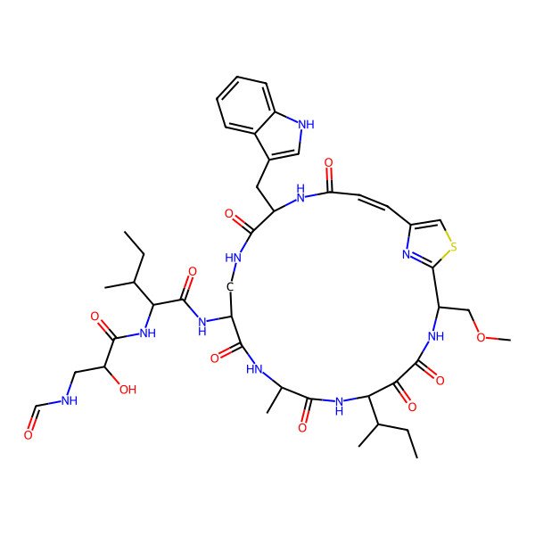 2D Structure of (2R,3R)-N-[(2S,6S,9R,12S,16S,19E)-6-[(2R)-butan-2-yl]-16-(1H-indol-3-ylmethyl)-2-(methoxymethyl)-9-methyl-4,5,8,11,15,18-hexaoxo-23-thia-3,7,10,14,17,24-hexazabicyclo[19.2.1]tetracosa-1(24),19,21-trien-12-yl]-2-[[(2R)-3-formamido-2-hydroxypropanoyl]amino]-3-methylpentanamide