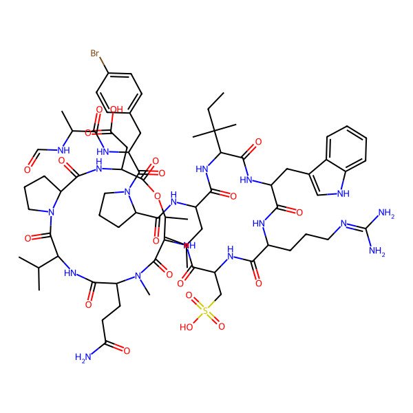 2D Structure of 2-[(3R,6S,9S,10R,13R,16S)-6-(3-amino-3-oxopropyl)-9-[[(2S)-2-[[(2S)-2-[[(2R)-2-[[(2S)-2-[[(2R)-2-[[(2S)-1-[(2S)-3-(4-bromophenyl)-2-[[(2R)-2-formamidopropanoyl]amino]propanoyl]pyrrolidine-2-carbonyl]amino]-4-methylpentanoyl]amino]-3,3-dimethylpentanoyl]amino]-3-(1H-indol-3-yl)propanoyl]amino]-5-(diaminomethylideneamino)pentanoyl]amino]-3-sulfopropanoyl]amino]-7,10-dimethyl-2,5,8,12,15-pentaoxo-3-propan-2-yl-11-oxa-1,4,7,14-tetrazabicyclo[14.3.0]nonadecan-13-yl]acetic acid