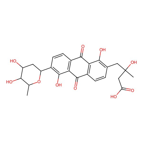 2D Structure of (3S)-4-[6-[(2S,4S,5R,6S)-4,5-dihydroxy-6-methyloxan-2-yl]-1,5-dihydroxy-9,10-dioxoanthracen-2-yl]-3-hydroxy-3-methylbutanoic acid