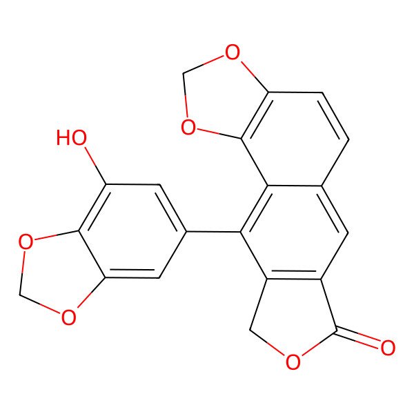 2D Structure of Furo(3',4':6,7)naphtho(1,2-d)-1,3-dioxol-7(9H)-one, 10-(7-hydroxy-1,3-benzodioxol-5-yl)- 2D Structure of Furo(3',4':6,7)naphtho(1,2-d)-1,3-dioxol-7(9H)-one, 10-(7-hydroxy-1,3-benzodioxol-5-yl)-