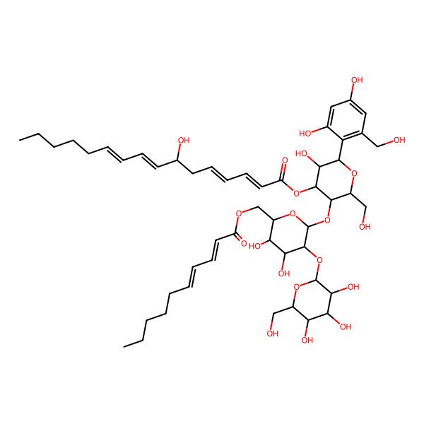 2D Structure of [(2S,3S,4R,5R,6R)-5-[(2S,3R,4S,5R,6R)-6-[[(2E,4Z)-deca-2,4-dienoyl]oxymethyl]-4,5-dihydroxy-3-[(2S,3R,4S,5R,6S)-3,4,5-trihydroxy-6-(hydroxymethyl)oxan-2-yl]oxyoxan-2-yl]oxy-2-[2,4-dihydroxy-6-(hydroxymethyl)phenyl]-3-hydroxy-6-(hydroxymethyl)oxan-4-yl] (2E,4E,8E,10E)-7-hydroxyhexadeca-2,4,8,10-tetraenoate