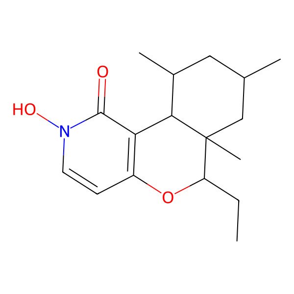 2D Structure of rel-(+)-(6R,6aS,8S,10R,10aS)-6-Ethyl-2,6,6a,7,8,9,10,10a-octahydro-2-hydroxy-6a,8,10-trimethyl-1H-(2)benzopyrano(4,3-c)pyridin-1-one