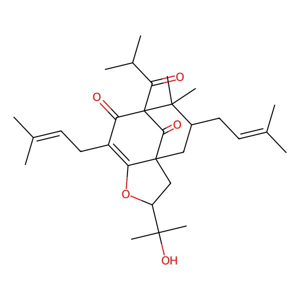 2D Structure of (2S,3aS,5S,7R)-2,3,4,5,6,7-Hexahydro-2-(1-hydroxy-1-methylethyl)-6,6-dimethyl-5,9-bis(3-methyl-2-buten-1-yl)-7-(2-methyl-1-oxopropyl)-8H-3a,7-methanocycloocta(b)furan-8,10-dione
