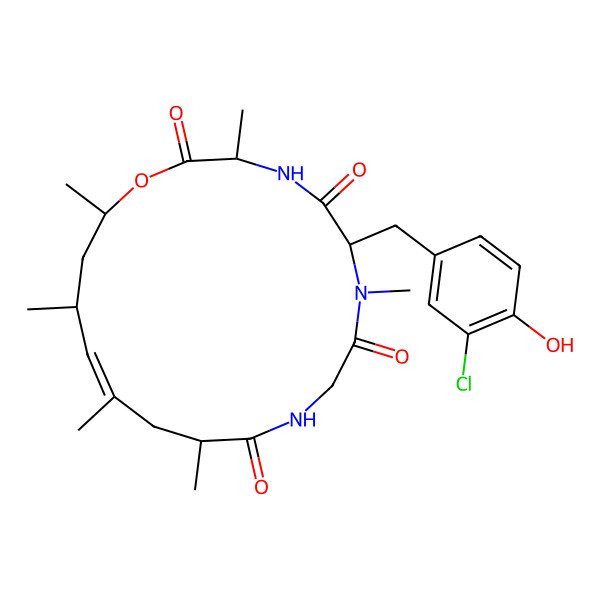2D Structure of (3S,6R,12S,14E,16R,18S)-6-[(3-chloro-4-hydroxyphenyl)methyl]-3,7,12,14,16,18-hexamethyl-1-oxa-4,7,10-triazacyclooctadec-14-ene-2,5,8,11-tetrone