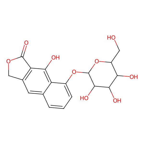2D Structure of NCGC00169010-02_C18H18O9_Naphtho(2,3-c)furan-1(3H)-one, 8-(beta-D-glucopyranosyloxy)-9-hydroxy-