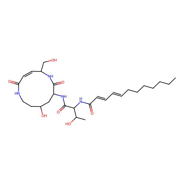 2D Structure of (2E,4E)-N-[(2S,3R)-3-hydroxy-1-[[(3Z,5R,8S,10S)-10-hydroxy-5-(hydroxymethyl)-2,7-dioxo-1,6-diazacyclododec-3-en-8-yl]amino]-1-oxobutan-2-yl]dodeca-2,4-dienamide