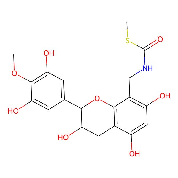 2D Structure of S-methyl N-[[(2R,3S)-2-(3,5-dihydroxy-4-methoxyphenyl)-3,5,7-trihydroxy-3,4-dihydro-2H-chromen-8-yl]methyl]carbamothioate