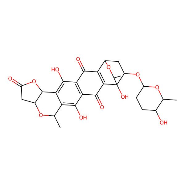 2D Structure of 6,8,13-Trihydroxy-9-[(5-hydroxy-6-methyloxan-2-yl)oxy]-5,15-dimethyl-3,3a,5,8,9,10,11,13b-octahydro-2H-11,8-(epoxymethano)anthra[2,3-d]furo[3,2-b]pyran-2,7,12-trione