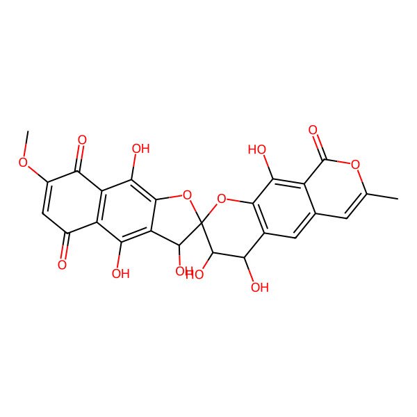 2D Structure of 3,3',4,4',9',10-hexahydroxy-7'-methoxy-7-methylspiro[3,4-dihydropyrano[4,3-g]chromene-2,2'-3H-benzo[f][1]benzofuran]-5',8',9-trione