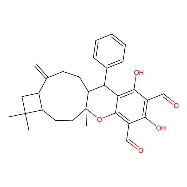 2D Structure of (1R,4R,7S,11S,12S)-14,16-dihydroxy-1,5,5-trimethyl-8-methylidene-12-phenyl-19-oxatetracyclo[9.8.0.0^{4,7.0^{13,18]nonadeca-13,15,17-triene-15,17-dicarbaldehyde