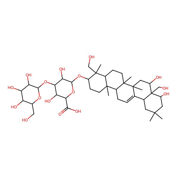 2D Structure of (2S,3S,4S,5R,6R)-6-[[(3S,4R,4aR,6aR,6bS,8S,8aS,9S,12aS,14aR,14bR)-8,9-dihydroxy-4,8a-bis(hydroxymethyl)-4,6a,6b,11,11,14b-hexamethyl-1,2,3,4a,5,6,7,8,9,10,12,12a,14,14a-tetradecahydropicen-3-yl]oxy]-3,5-dihydroxy-4-[(2S,3R,4S,5S,6R)-3,4,5-trihydroxy-6-(hydroxymethyl)oxan-2-yl]oxyoxane-2-carboxylic acid