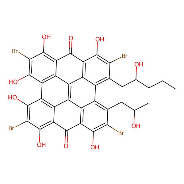 2D Structure of 2,5,9,12-Tetrabromo-1,3,4,6,8,13-hexahydroxy-10-(2-hydroxypentyl)-11-(2-hydroxypropyl)phenanthro[1,10,9,8-opqra]perylene-7,14-dione