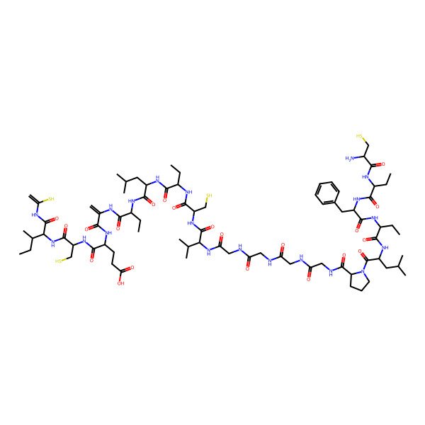 2D Structure of (4S)-4-[2-[[(2S)-2-[[(2S)-2-[[(2R)-2-[[(2R)-2-[[(2S)-2-[[2-[[2-[[2-[[2-[[(2S)-1-[(2S)-2-[[(2R)-2-[[(2S)-2-[[(2R)-2-[[(2R)-2-amino-3-sulfanylpropanoyl]amino]butanoyl]amino]-3-phenylpropanoyl]amino]butanoyl]amino]-4-methylpentanoyl]pyrrolidine-2-carbonyl]amino]acetyl]amino]acetyl]amino]acetyl]amino]acetyl]amino]-3-methylbutanoyl]amino]-3-sulfanylpropanoyl]amino]butanoyl]amino]-4-methylpentanoyl]amino]butanoyl]amino]prop-2-enoylamino]-5-[[(2R)-1-[[(2S,3S)-3-methyl-1-oxo-1-(1-sulfanylethenylamino)pentan-2-yl]amino]-1-oxo-3-sulfanylpropan-2-yl]amino]-5-oxopentanoic acid
