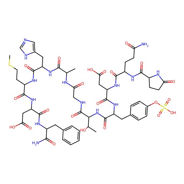 2D Structure of H-DL-Pyr-DL-Gln-DL-Asp-DL-Tyr(SO3H)-DL-xiThr-Gly-DL-Ala-DL-His-DL-Met-DL-Asp-DL-Phe-NH2