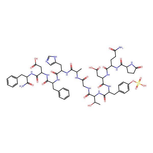 2D Structure of H-DL-Pyr-DL-Gln-DL-Asp-DL-Tyr(SO3H)-DL-xiThr-Gly-DL-Ala-DL-His-DL-Phe-DL-Asp-DL-Phe-NH2