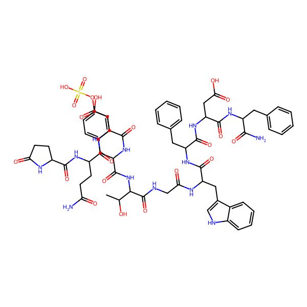 2D Structure of H-DL-Pyr-DL-Gln-DL-Asp-DL-Tyr(SO3H)-DL-xiThr-Gly-DL-Trp-DL-Phe-DL-Asp-DL-Phe-NH2